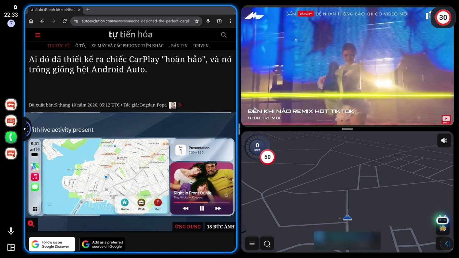 Launcher chia 3 cửa sổ trên màn hình xe: Chrome, YouTube và Waze chạy cùng lúc